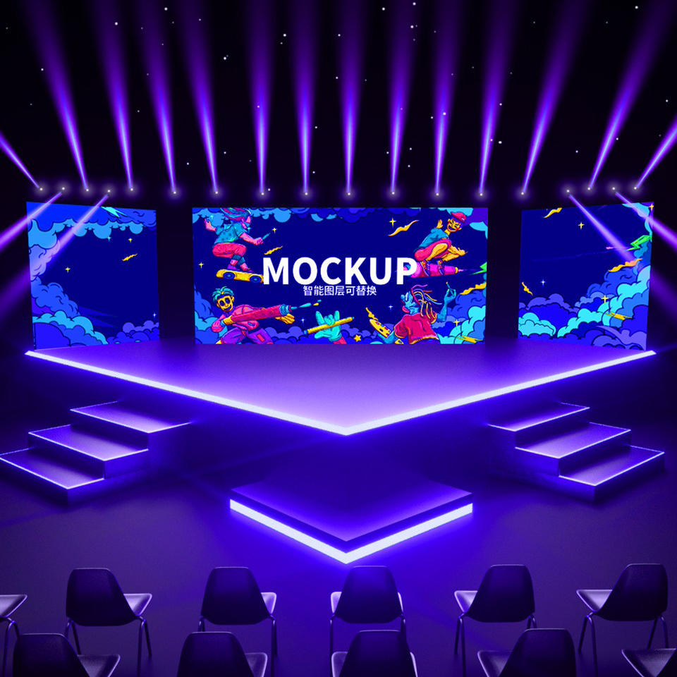 蓝色舞台背景墙样机