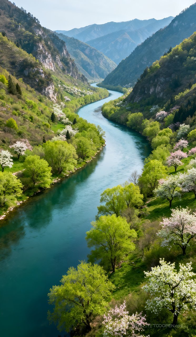 自然河流春季春天山峰景色风景天空山水唯美