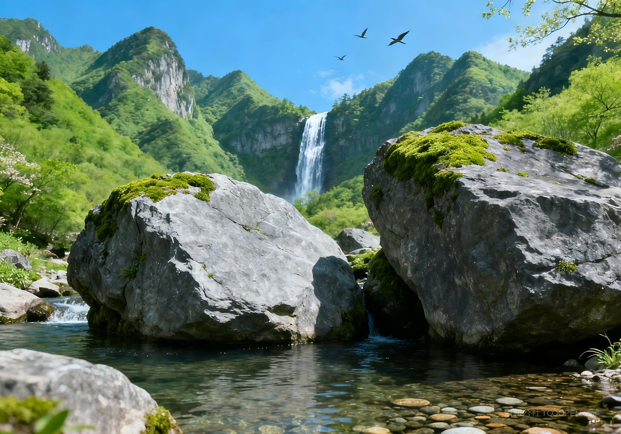 春天意境山峰河流唯美天空风景春意