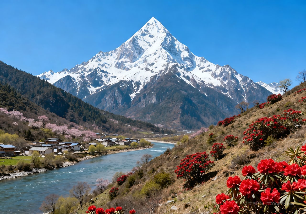 山峰山水风景春季唯美河流意境天空