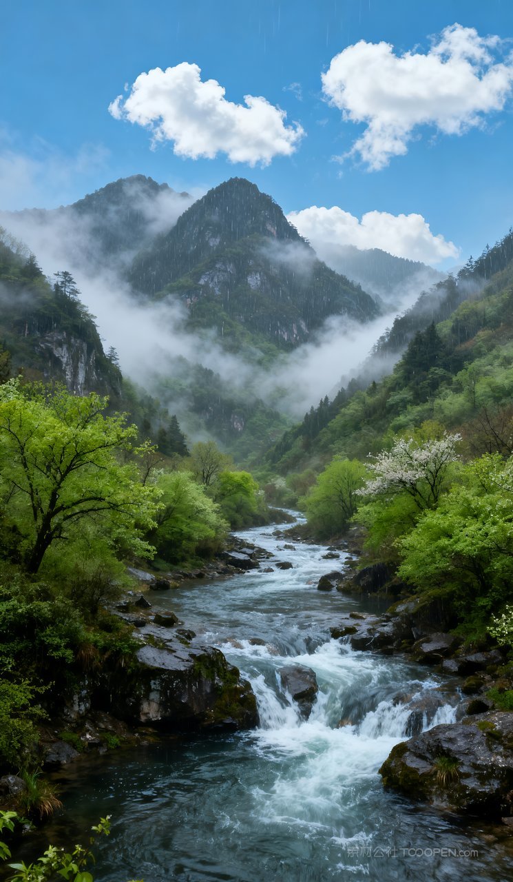 风景春天自然山峰春季山水河流唯美天空