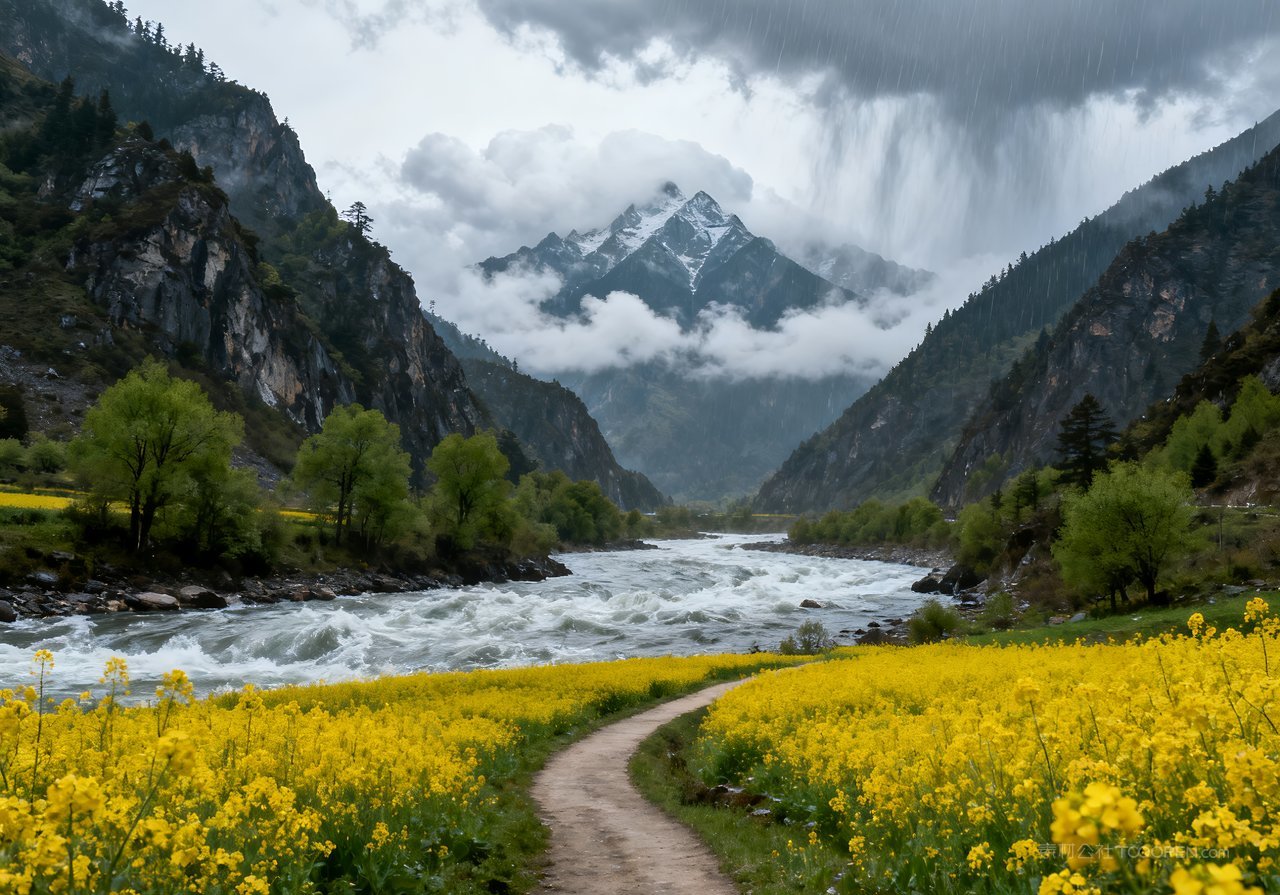 山水天空春天唯美河流风景山峰意境