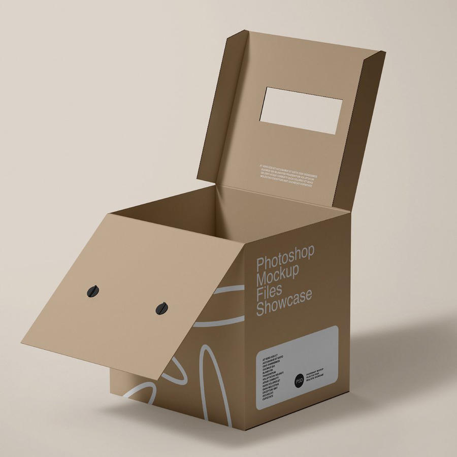 米色正方形纸箱手提箱牛皮纸盒样机 (1)