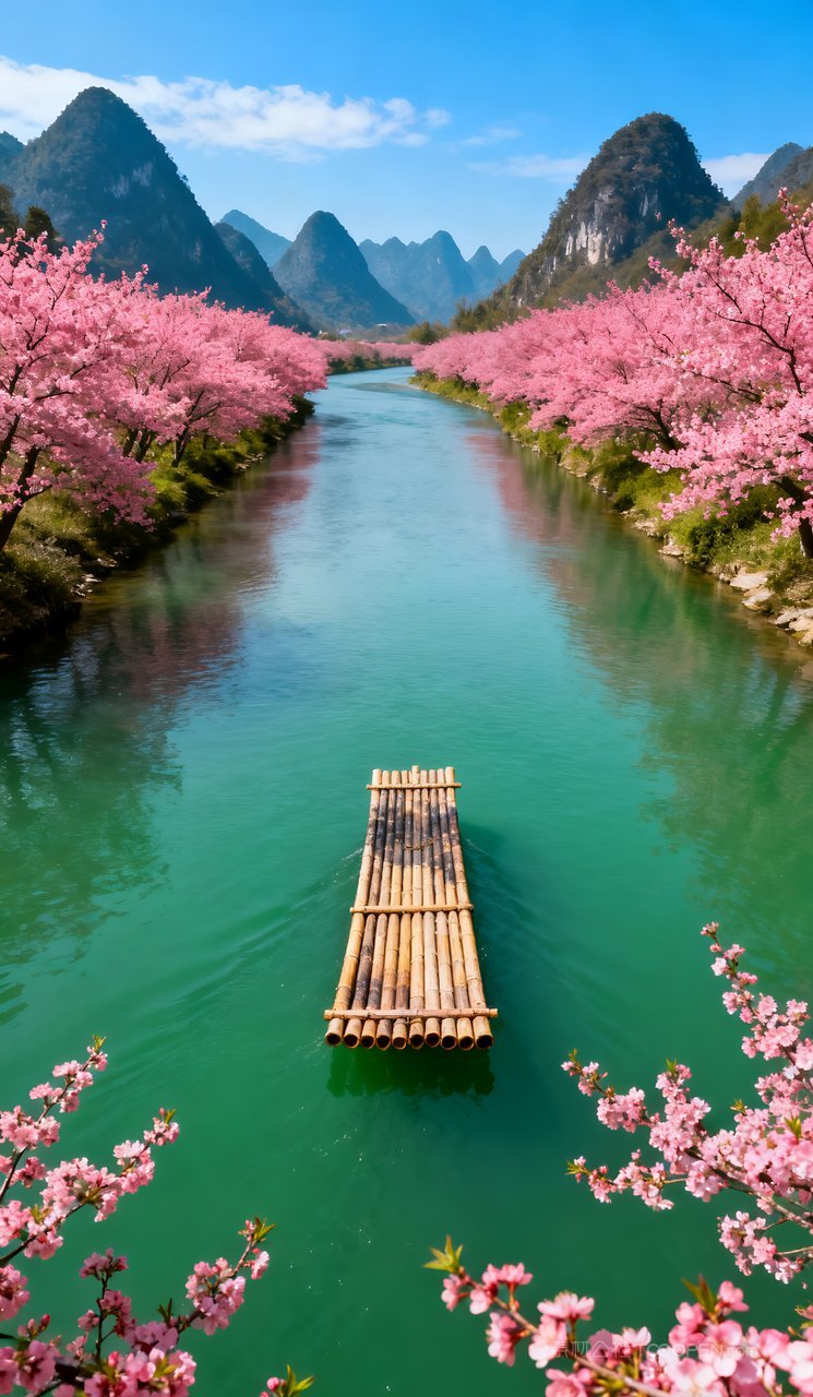 河流春天天空山水意境风景唯美山峰