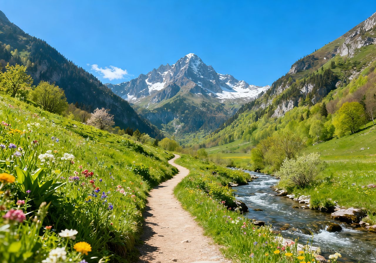 春意意境唯美自然河流天空山峰春天风景