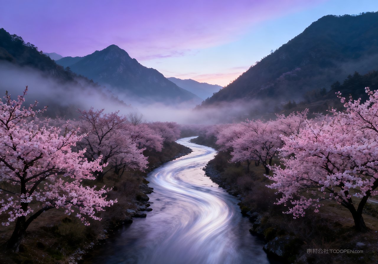 春意意境唯美山峰风景天空河流春天
