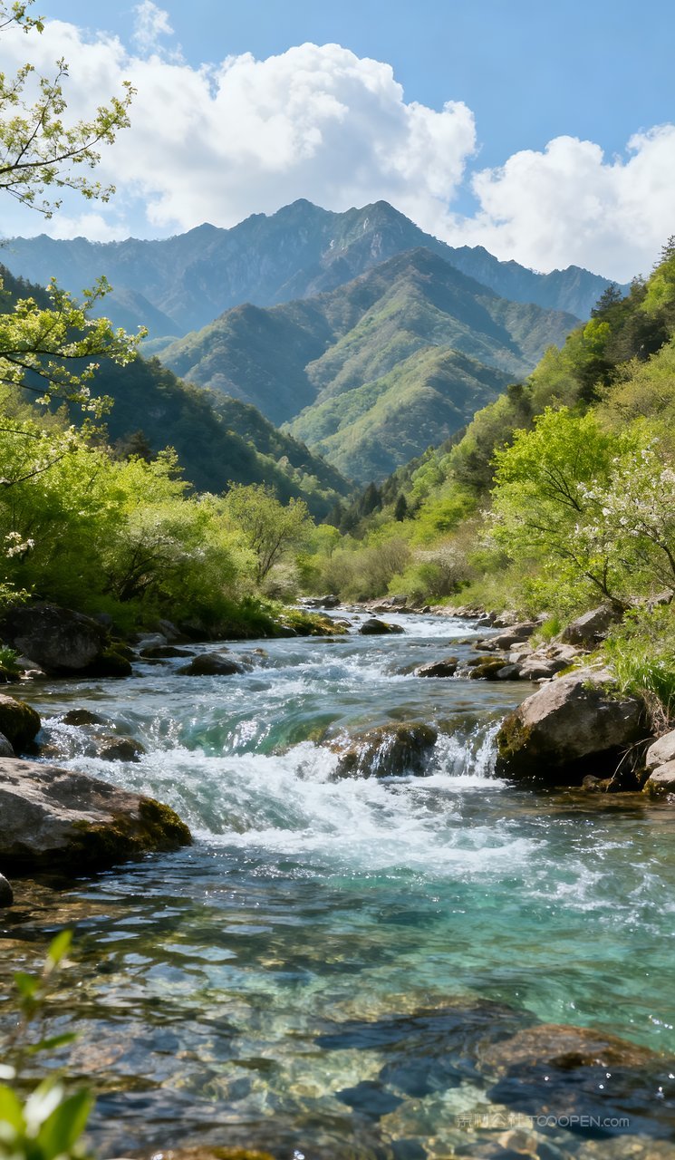 春天风景山水唯美天空山峰河流自然春季