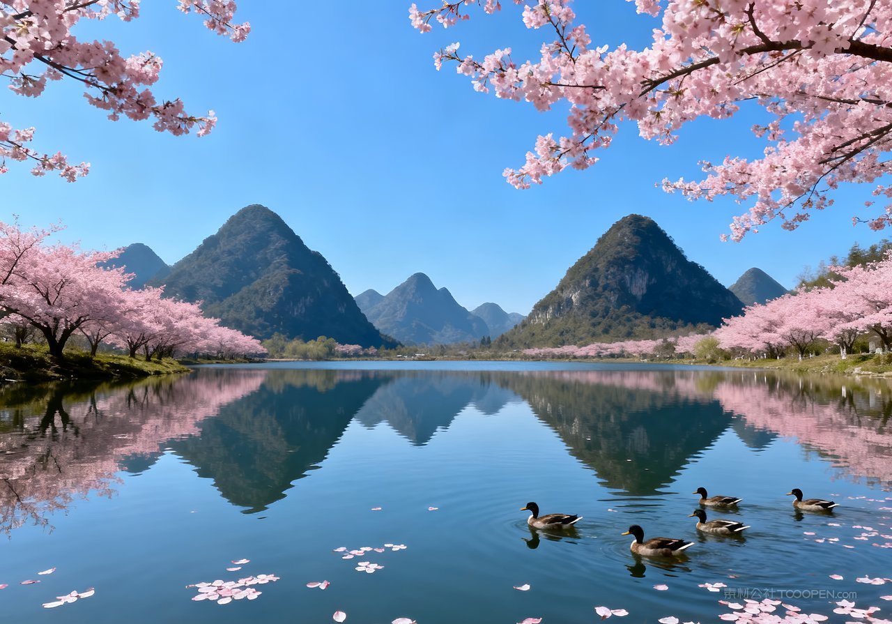 山峰风景春天意境春意自然河流天空