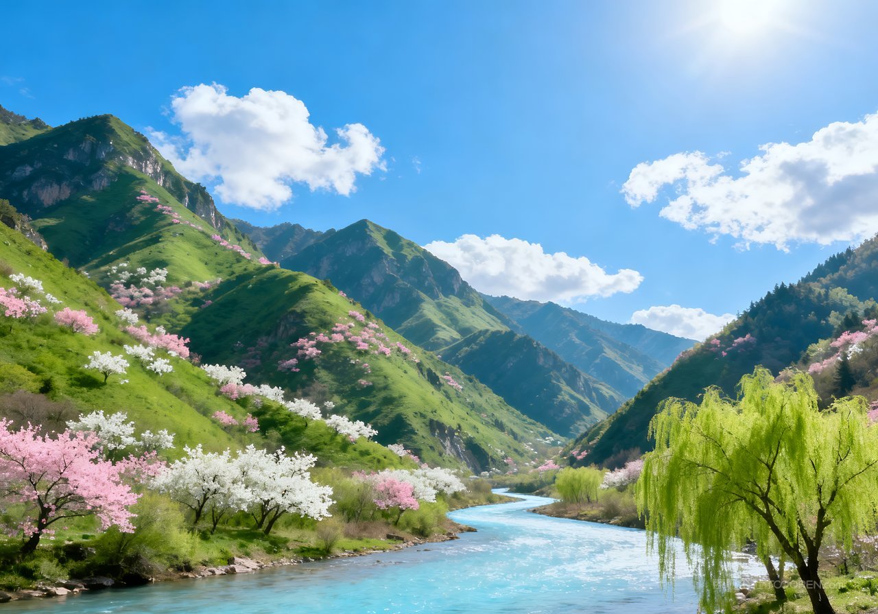 意境春季天空风景河流山水山峰唯美