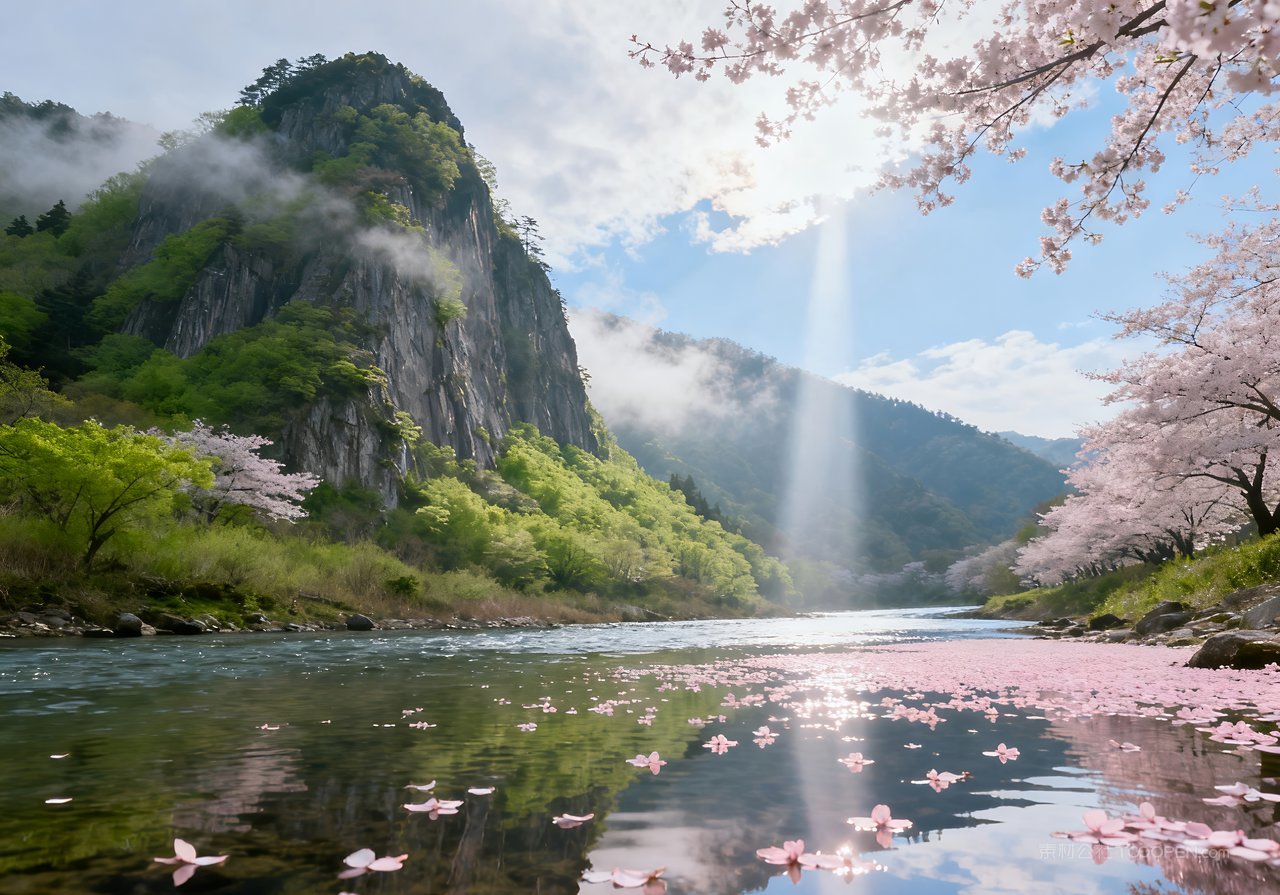 唯美天空春意春天风景山峰意境河流