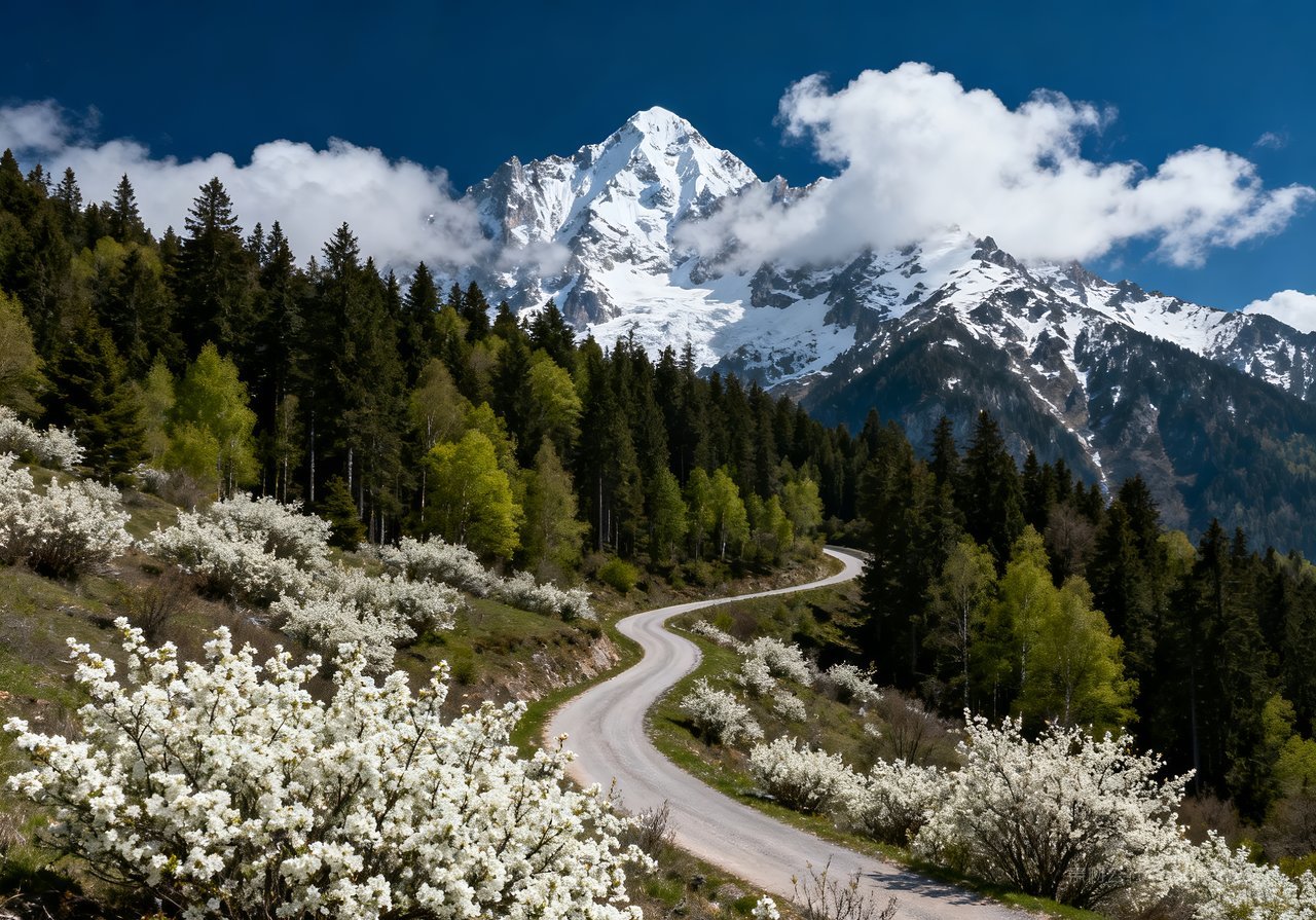 意境天空唯美山水河流山峰风景春天