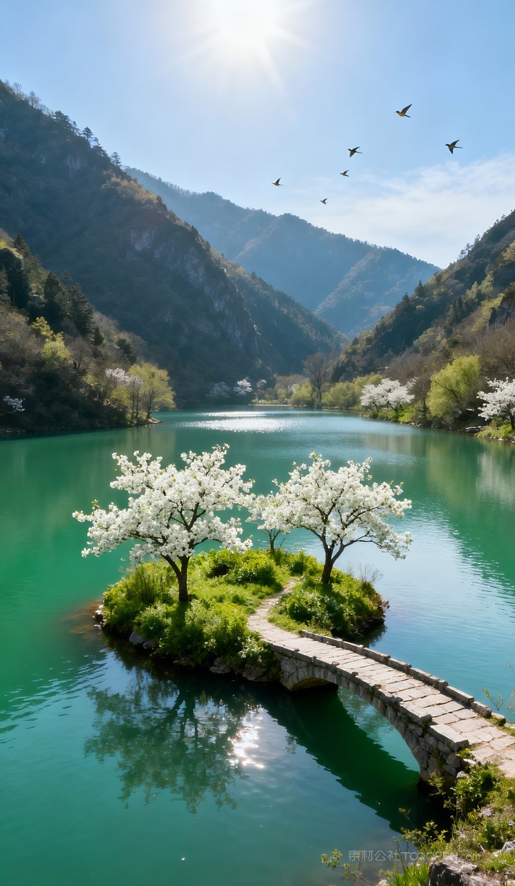 唯美风景春季山峰春天河流天空山水自然