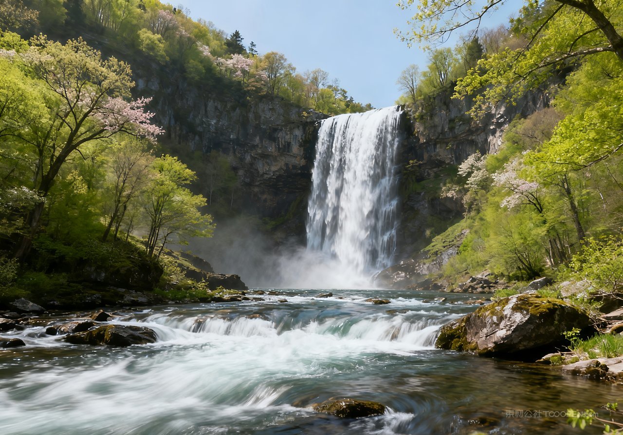 山峰天空河流意境风景山水唯美春天