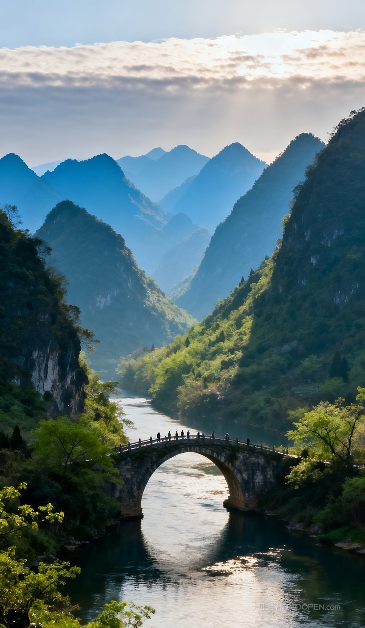 自然山峰河流山水风景唯美天空春天