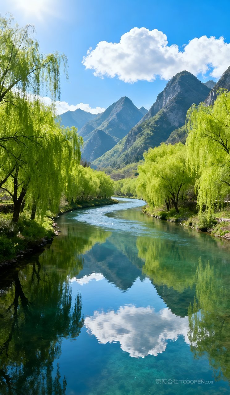 山峰意境唯美河流自然春天风景山水天空