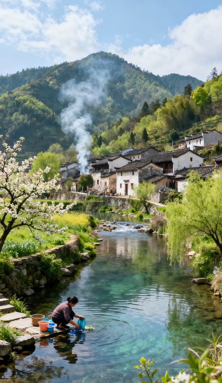 河流山峰自然天空春季风景唯美山水春天