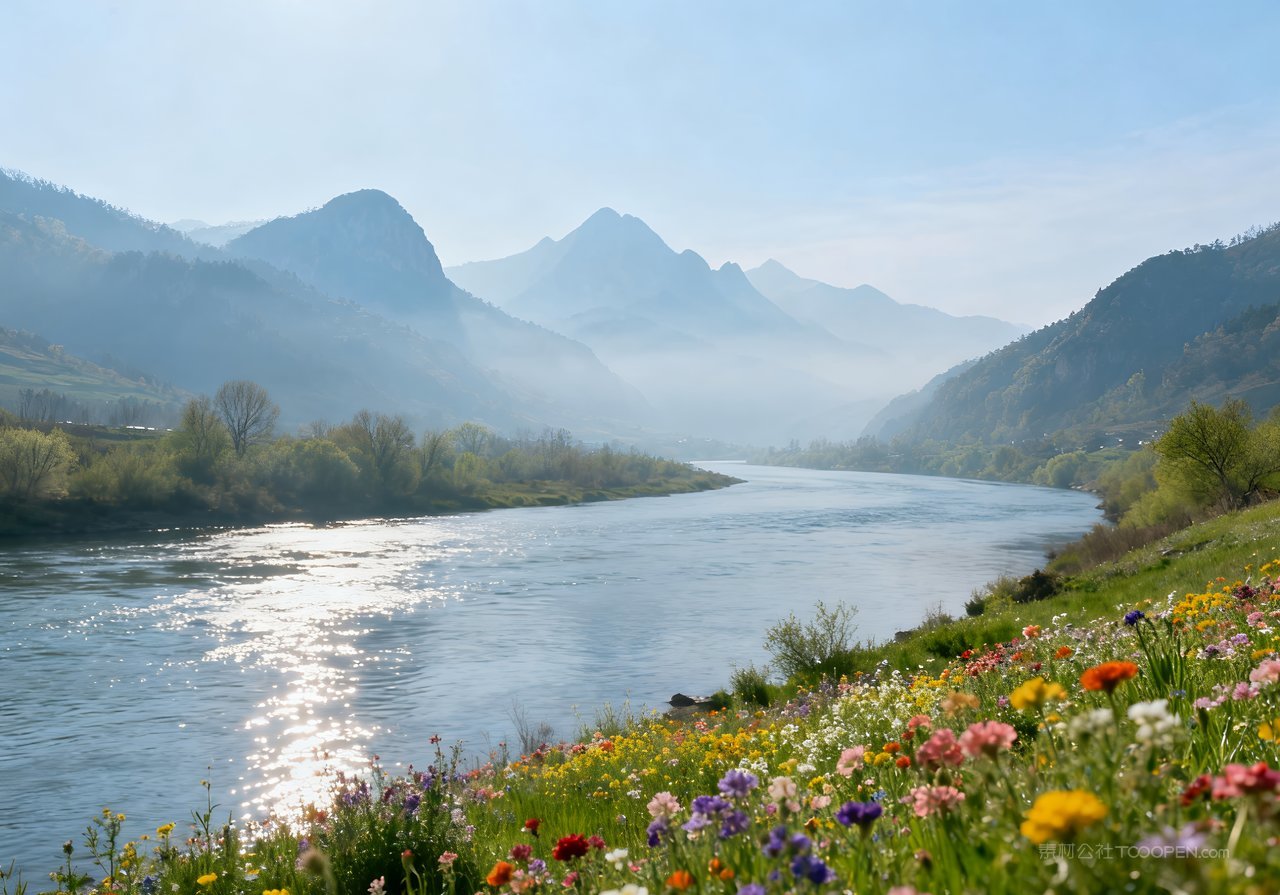 山峰天空风景春天自然河流春意意境