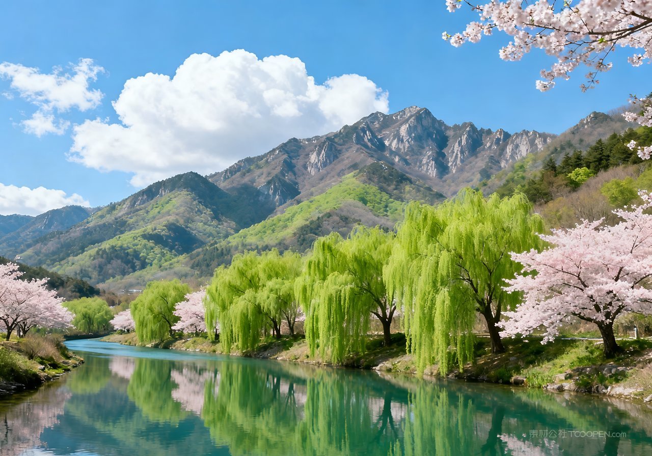 意境自然春天天空河流春意风景山峰