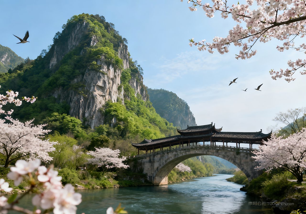 意境风景天空河流唯美春天山峰春意