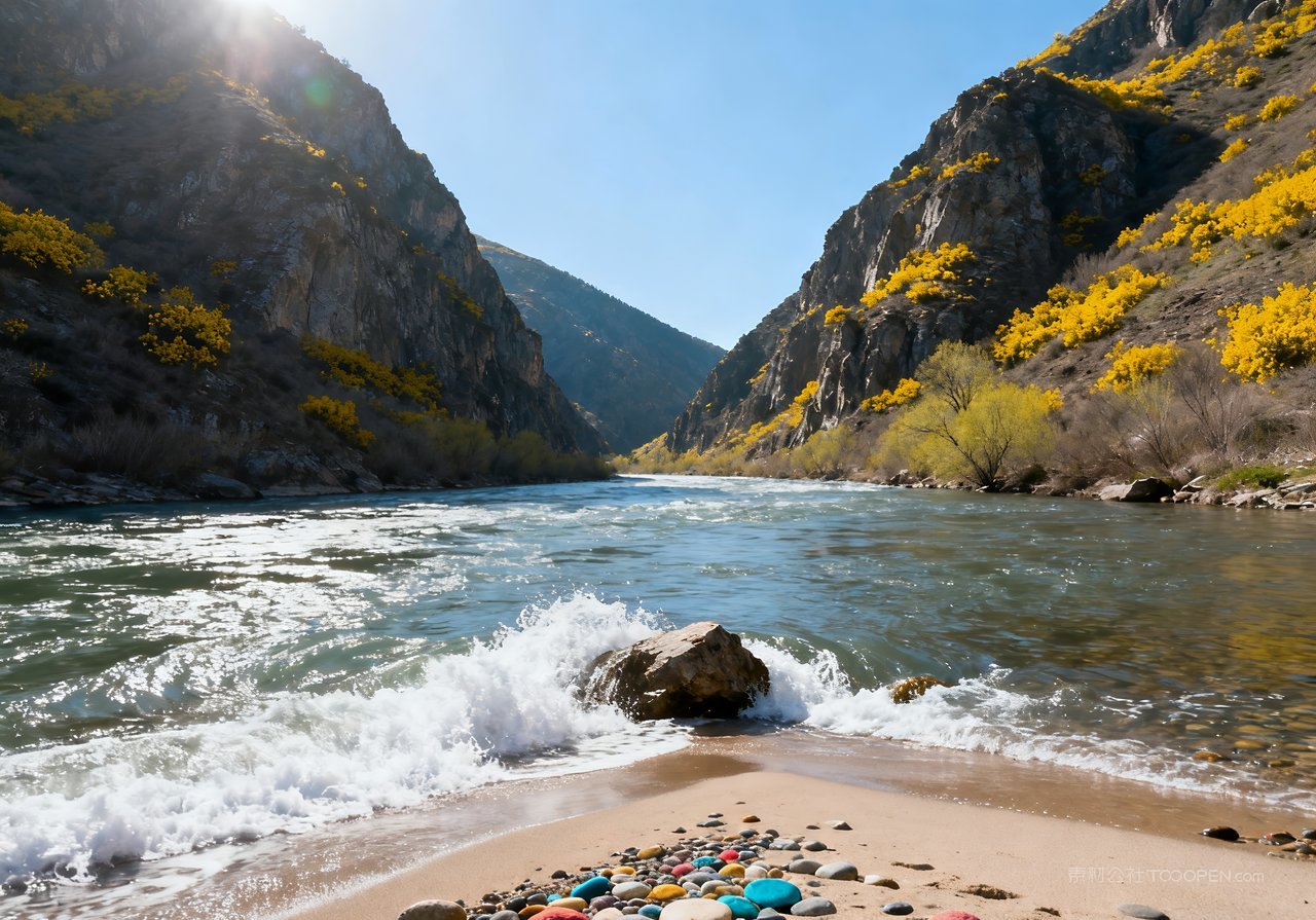 山峰风景意境唯美春季天空山水河流