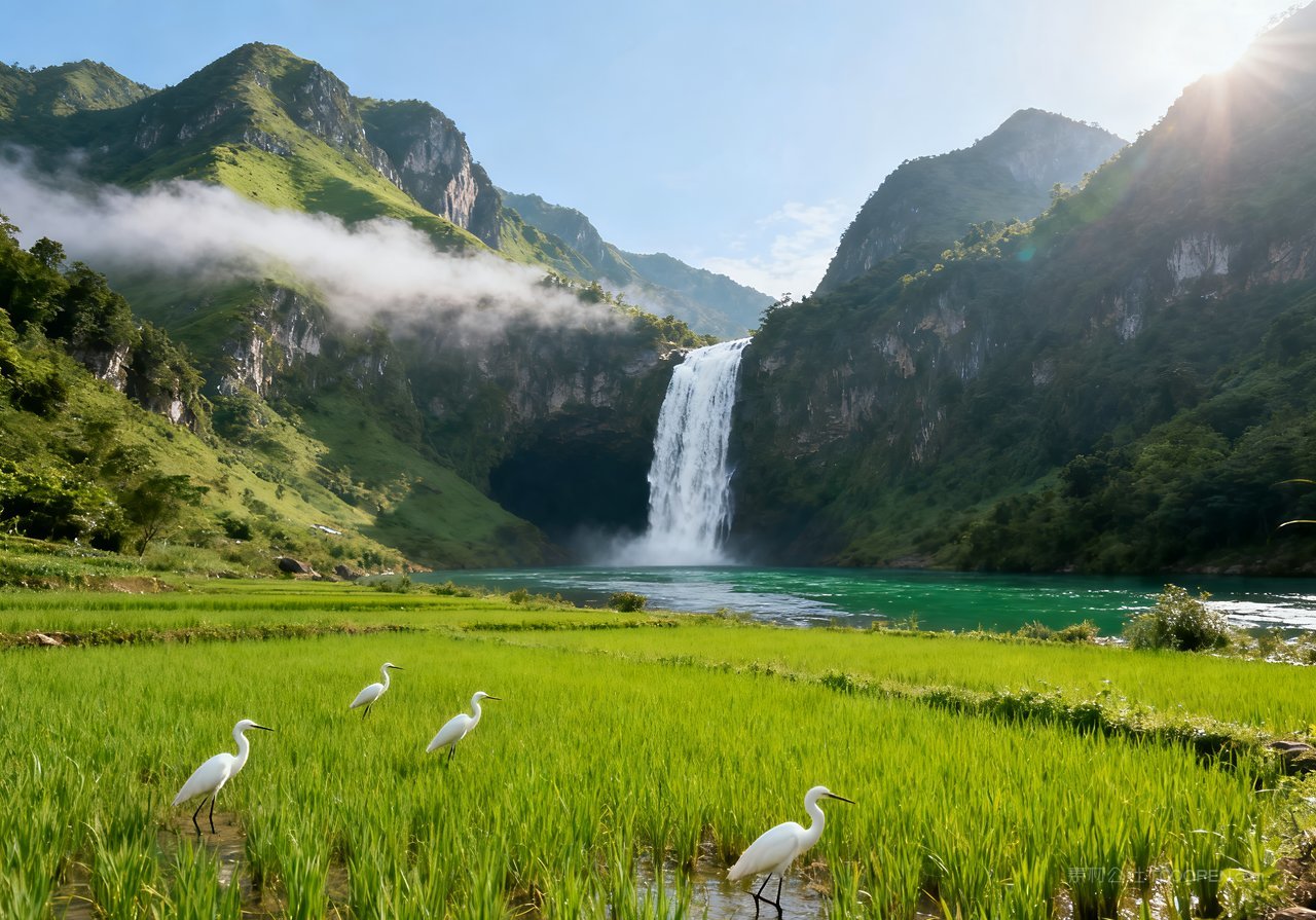 风景春意唯美天空河流山峰春天意境