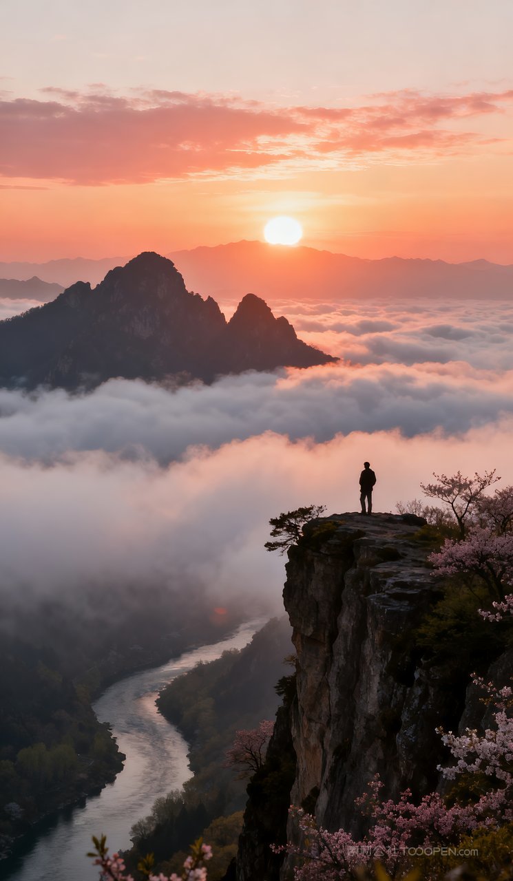 山峰自然唯美风景春天山水春季河流天空