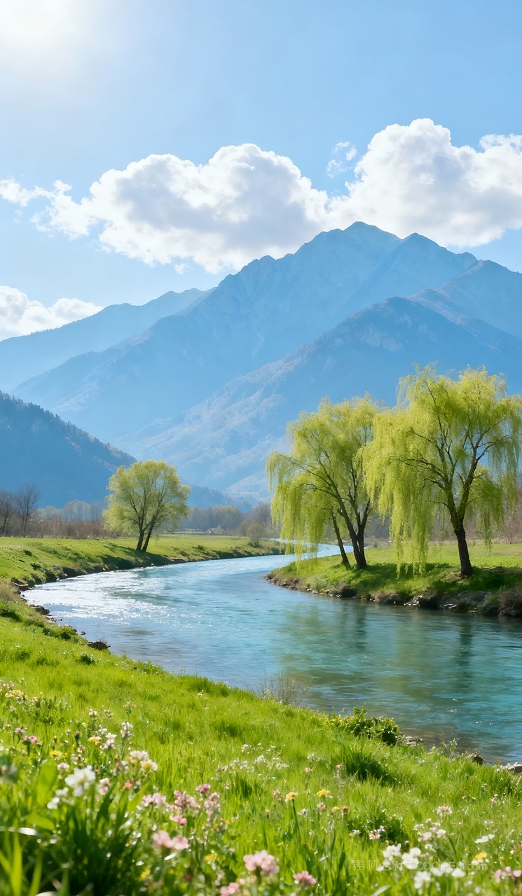 山水河流自然春天天空山峰唯美风景