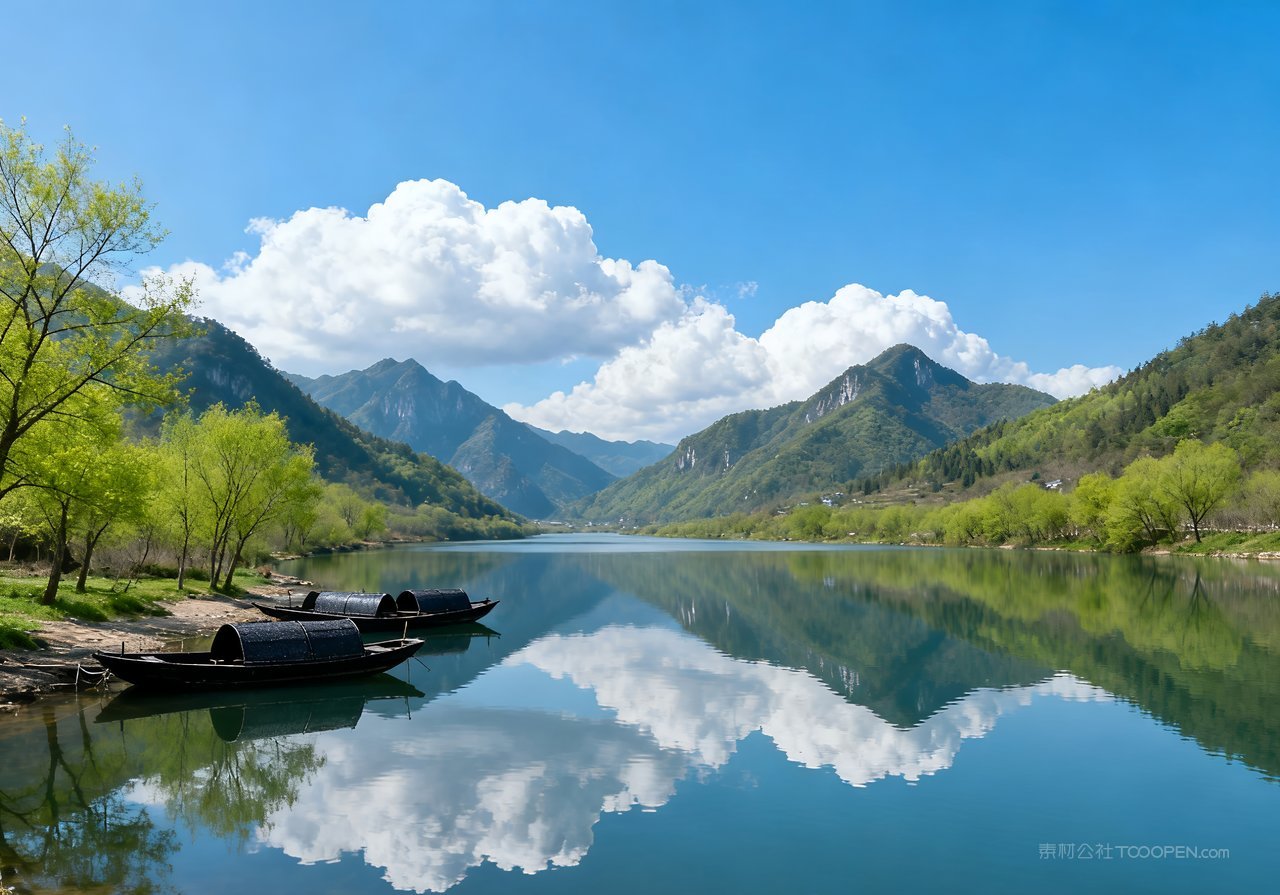 意境河流唯美天空山峰春天风景春意自然
