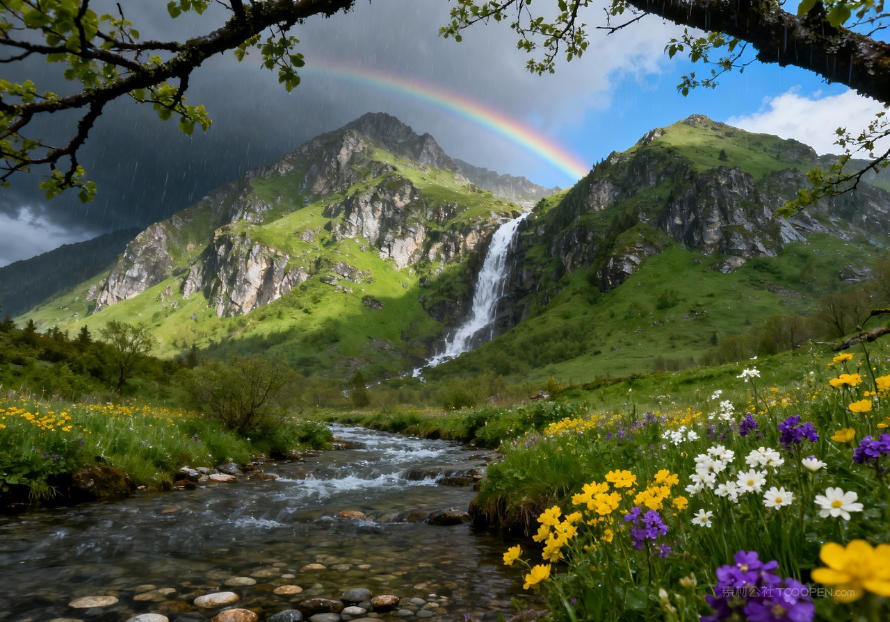 春意天空山峰意境河流唯美风景春天