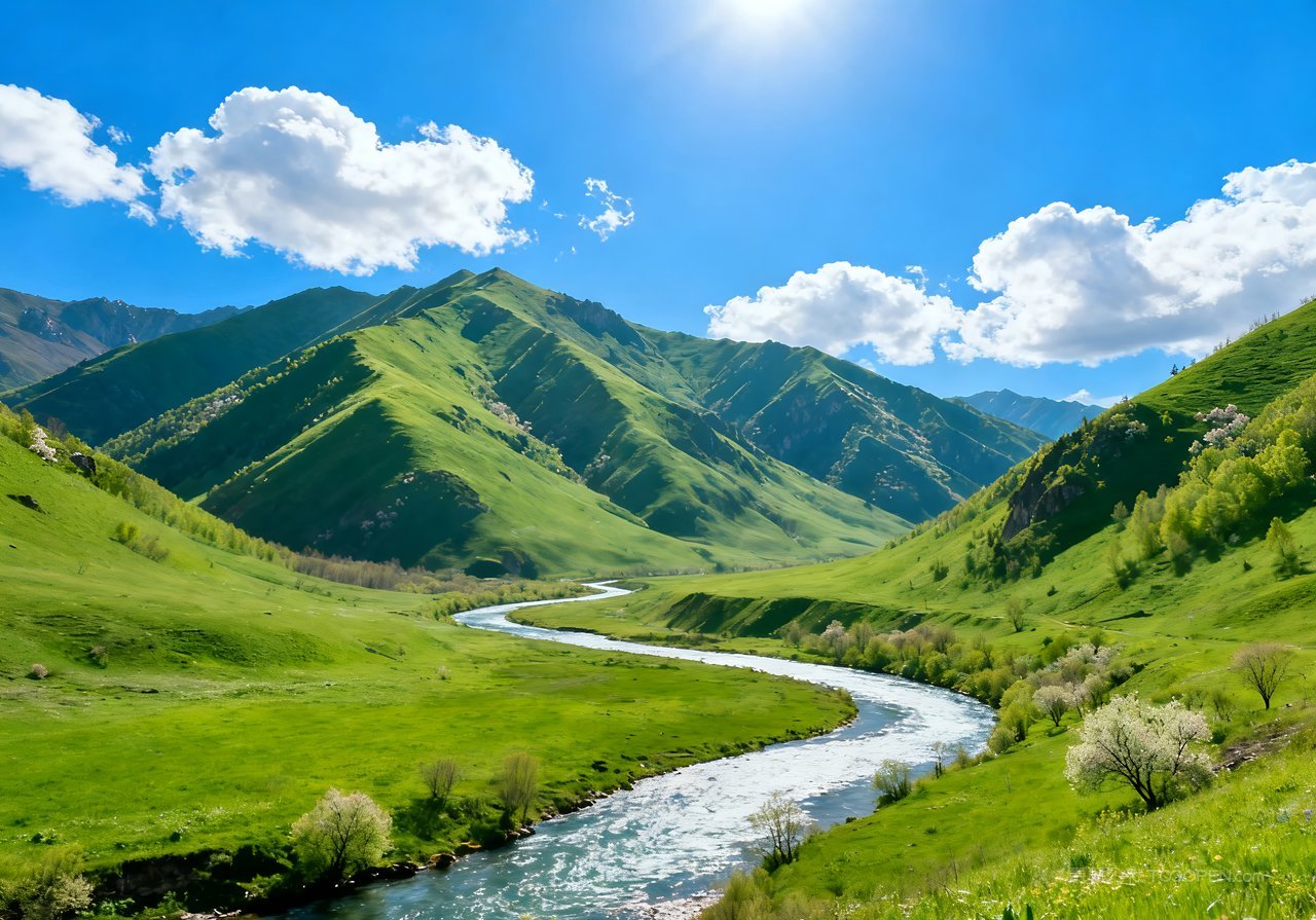 风景唯美山水天空山峰意境春天河流