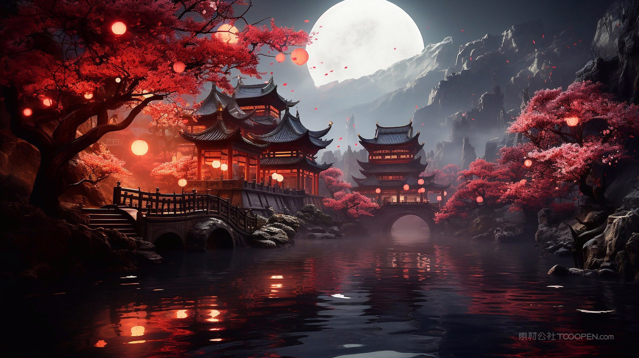 唯美中国风山水画背景图片