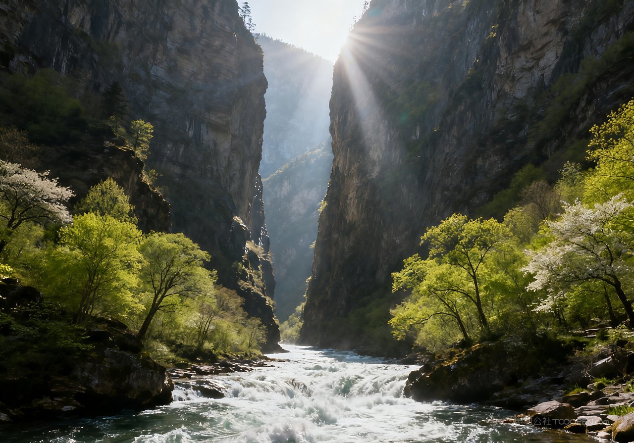 天空山峰风景河流春意唯美春天意境