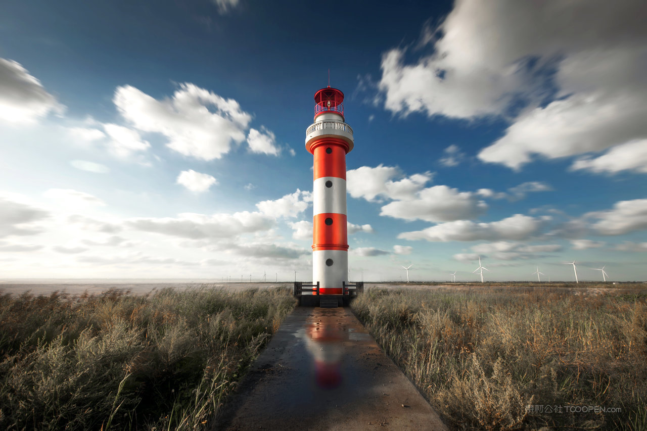 红色的灯塔风景画图片