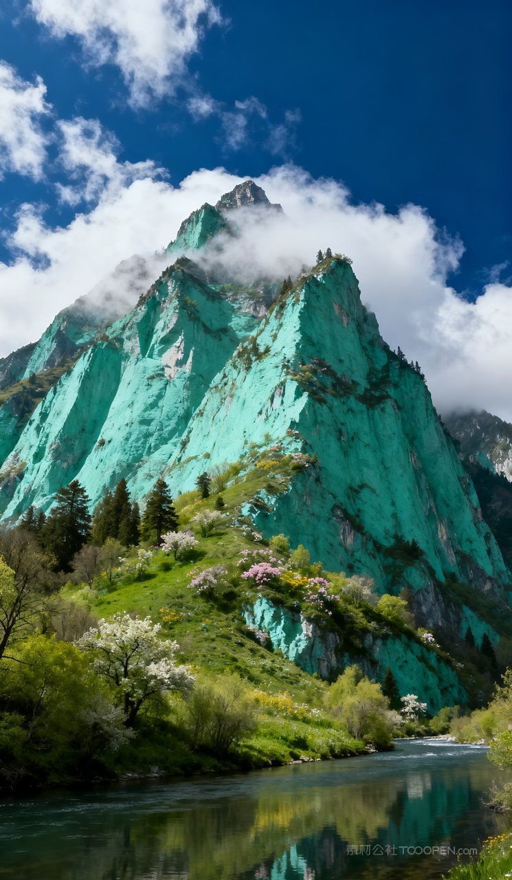 自然山水春季山峰风景天空春天唯美河流