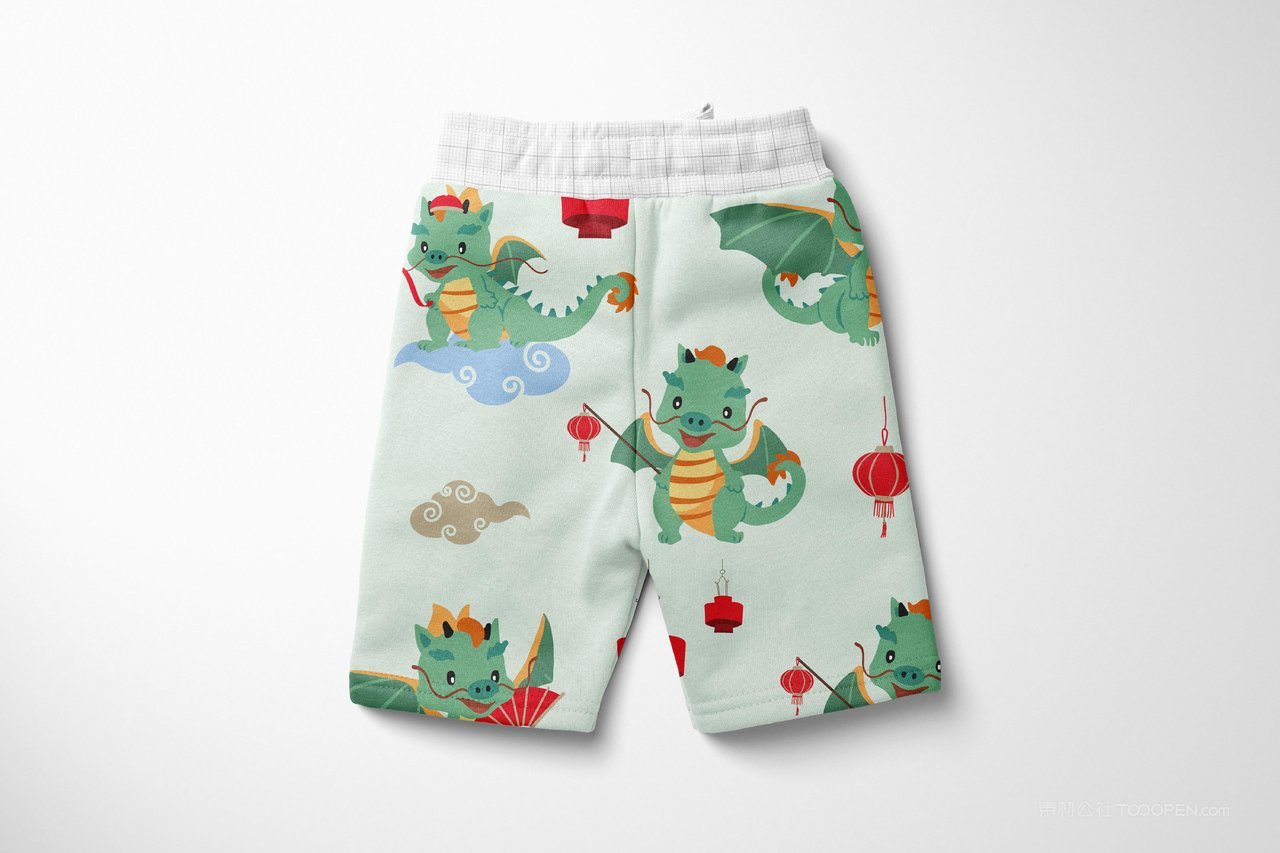 【1387期】2024龙年卡通提灯笼小恐龙印花儿童短裤服装样机 (7)