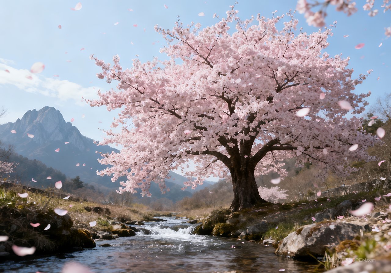 风景意境春天春意自然山峰天空河流