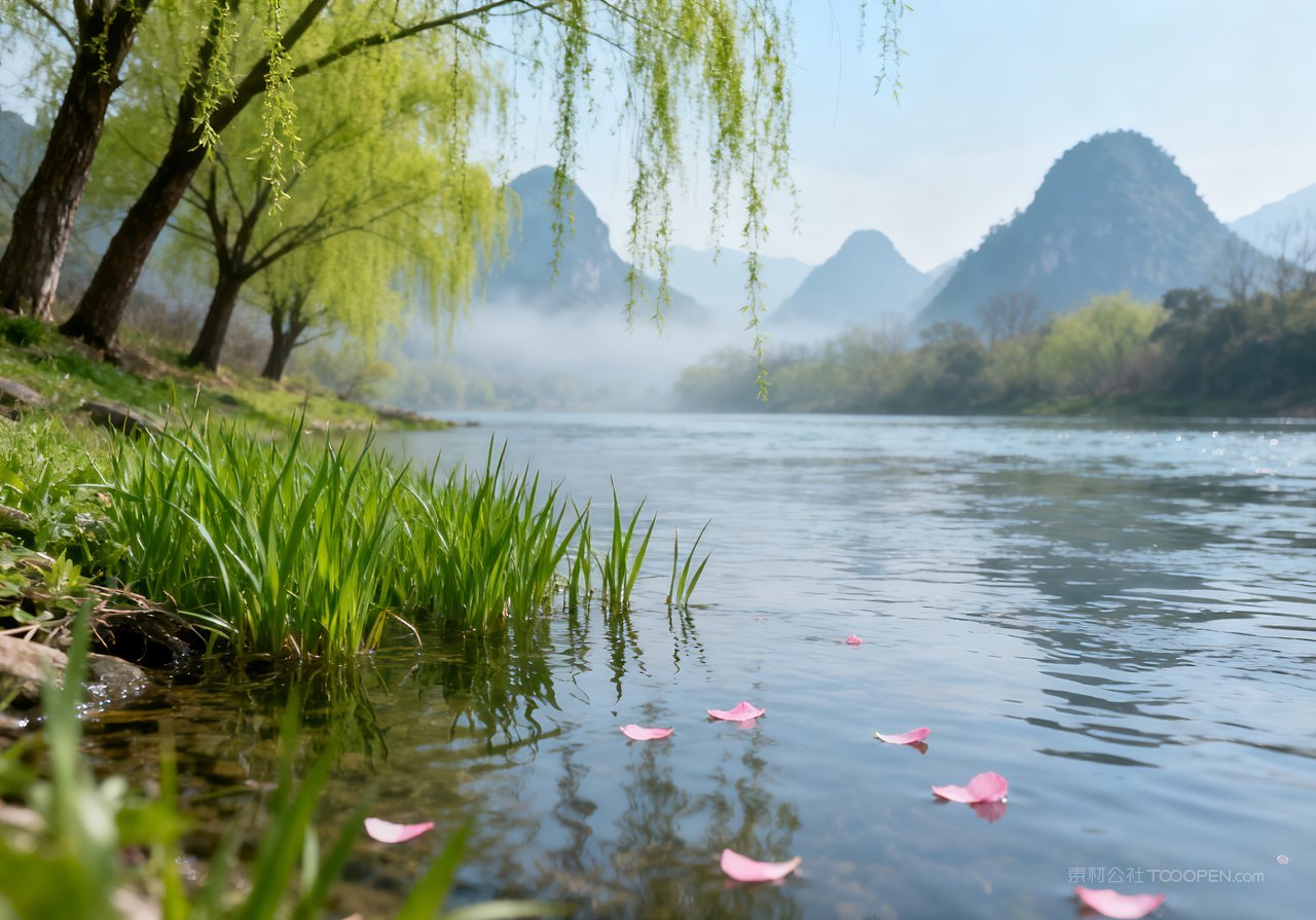 自然春意春天风景唯美河流天空山峰意境