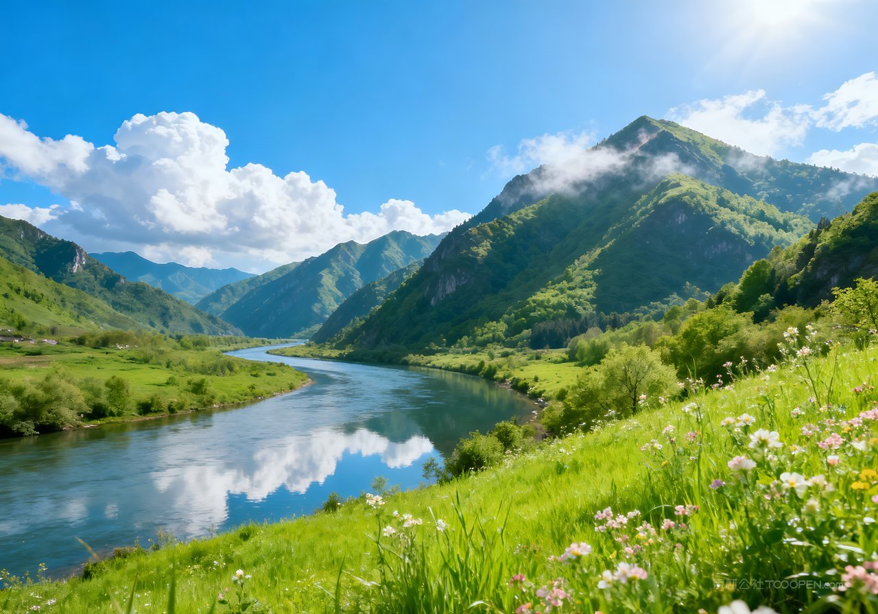 意境河流风景山峰天空春意春天唯美