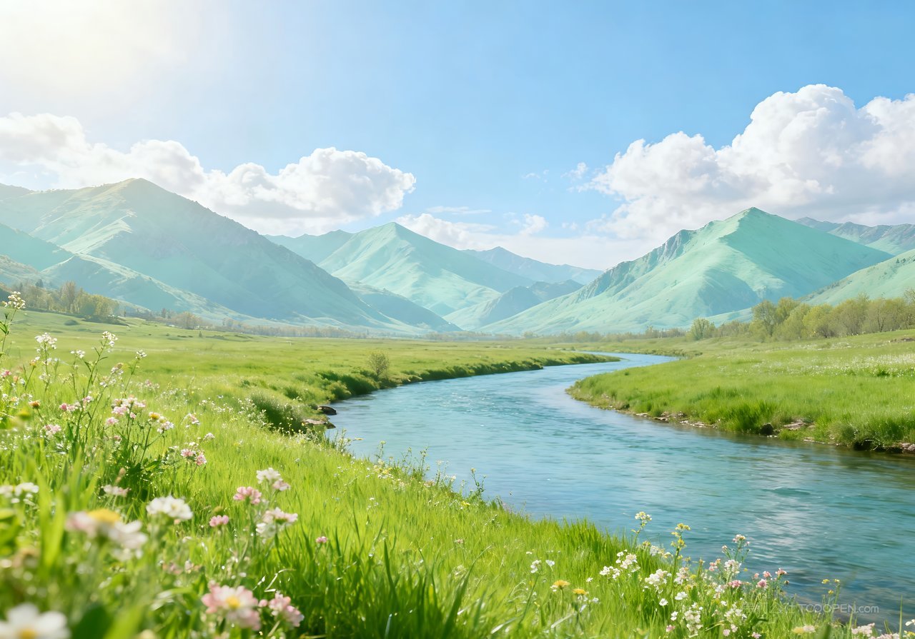 天空山峰自然春天风景意境河流春意