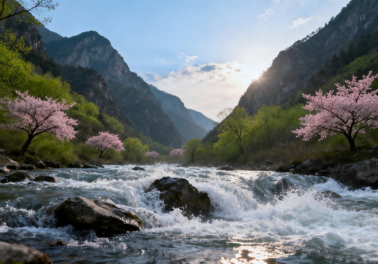 唯美山峰春天意境风景春意河流天空
