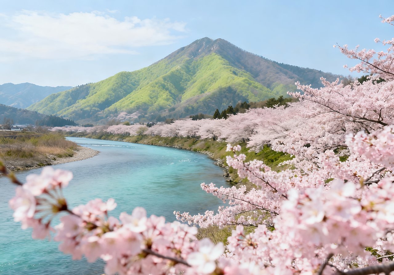 风景唯美春天山峰天空河流自然春意意境