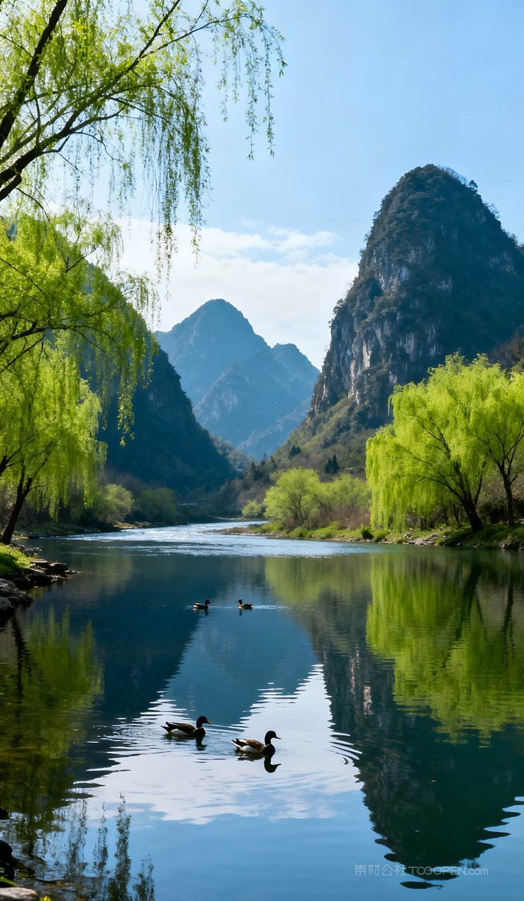 河流风景山峰唯美春季景色春天天空山水自然