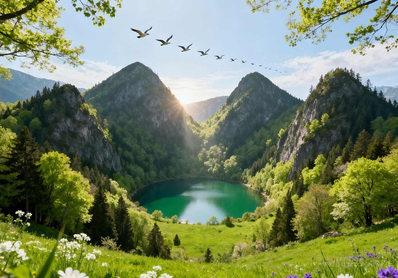 河流意境春意唯美风景天空春天山峰