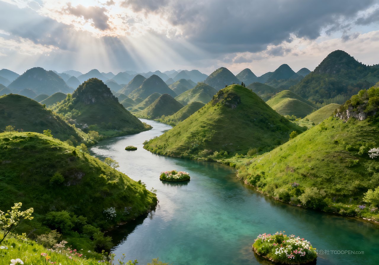 唯美河流风景山水山峰春季天空意境