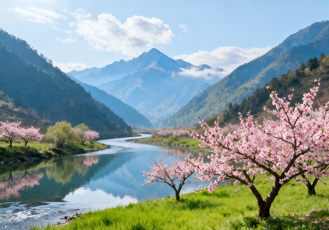 唯美山水山峰河流意境春天风景天空