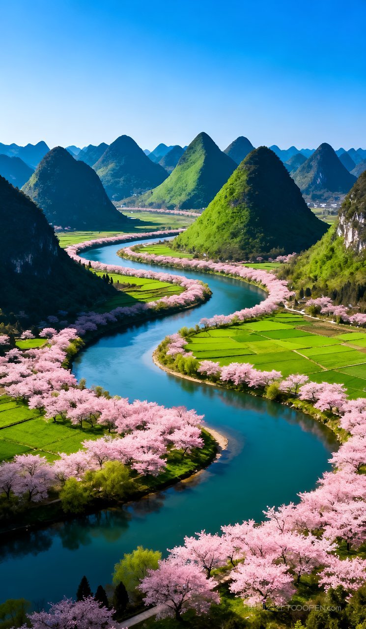 河流唯美春季自然景色春天山水风景山峰天空