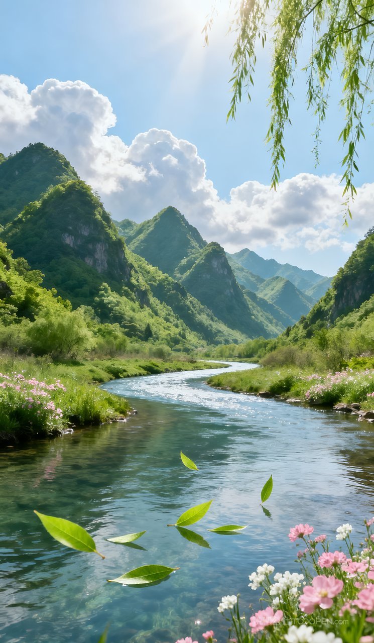 风景意境山峰春天山水唯美河流天空