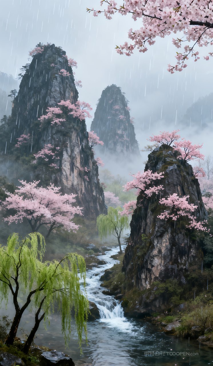 自然唯美山水春天河流春季天空景色山峰风景