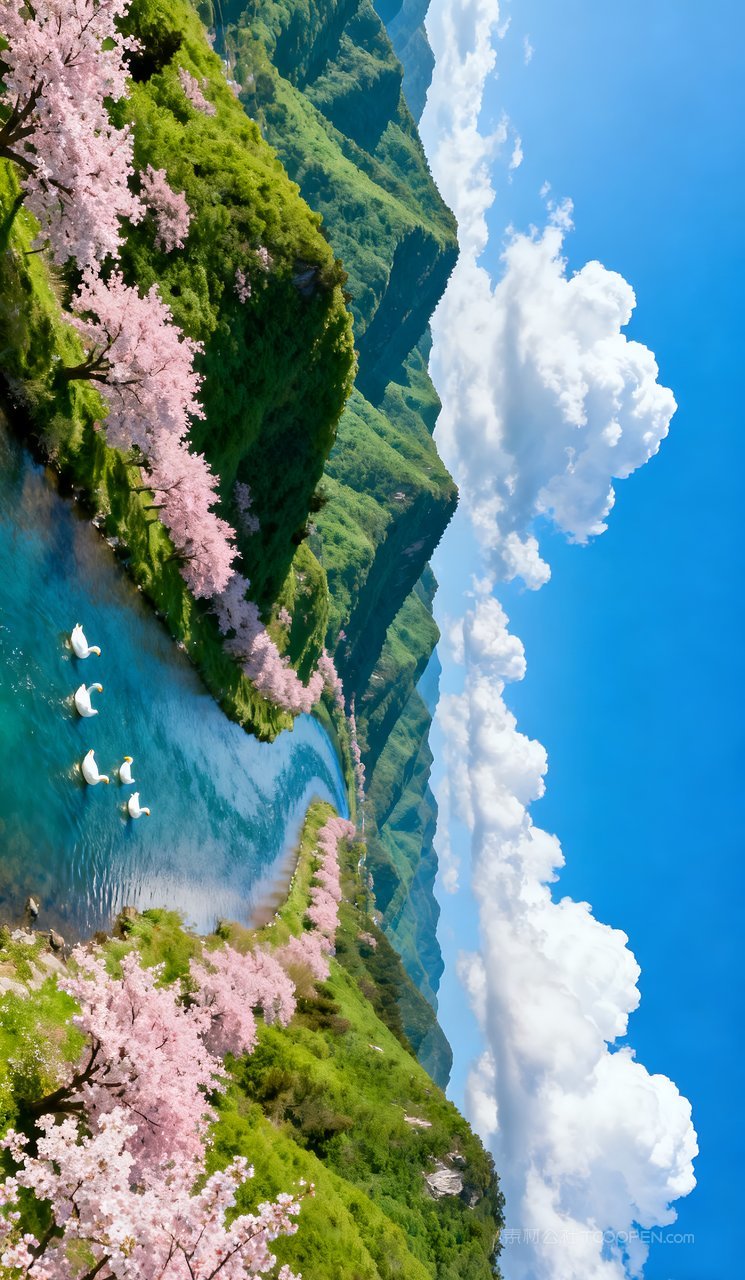 河流山峰风景山水意境唯美春天天空