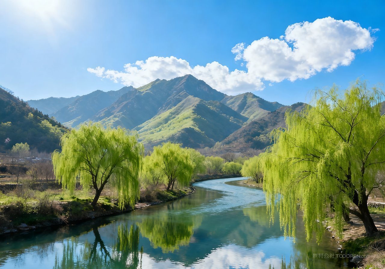 河流天空意境自然春天山峰春意唯美风景